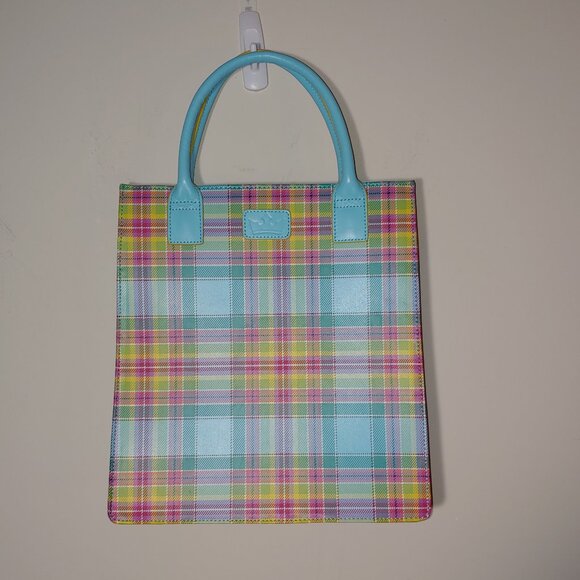 Baekgaard Real Leather Plaid Tote Purse Light Blue Hard Handles OS - Picture 2 of 9